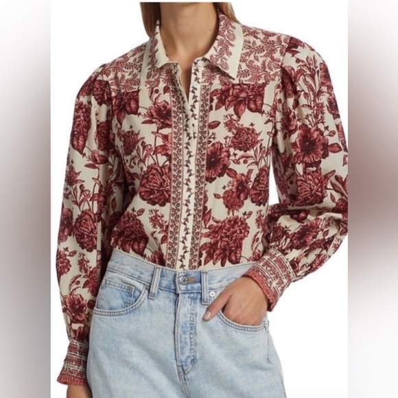 Alice + Olivia Tops - Alice + Olivia Triffie Drama Sleeve Blouse, Red/Rose Floral, Button Down, XS